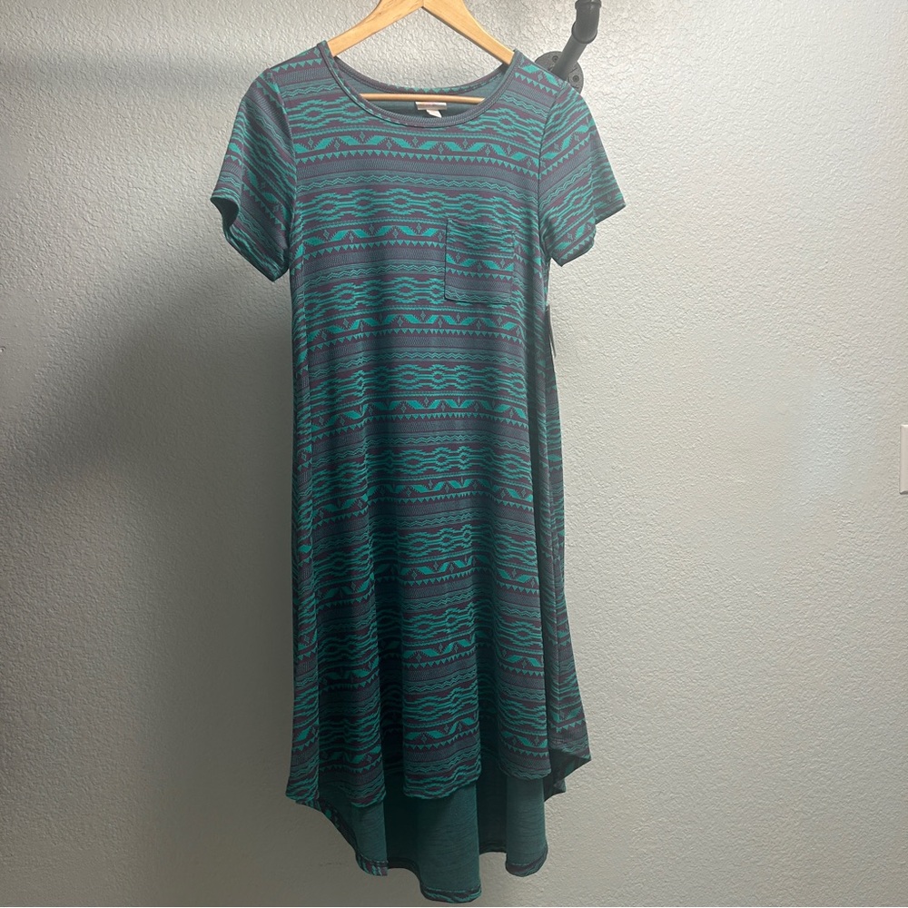 NEW Lularoe Carly Dress Women’s Size XS Teal and Purple Aztec Print Dress